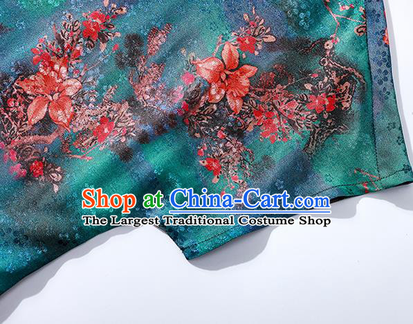 Asian Chinese Traditional Printing Blue Qipao Dress Classical Silk Cheongsam National Woman Clothing