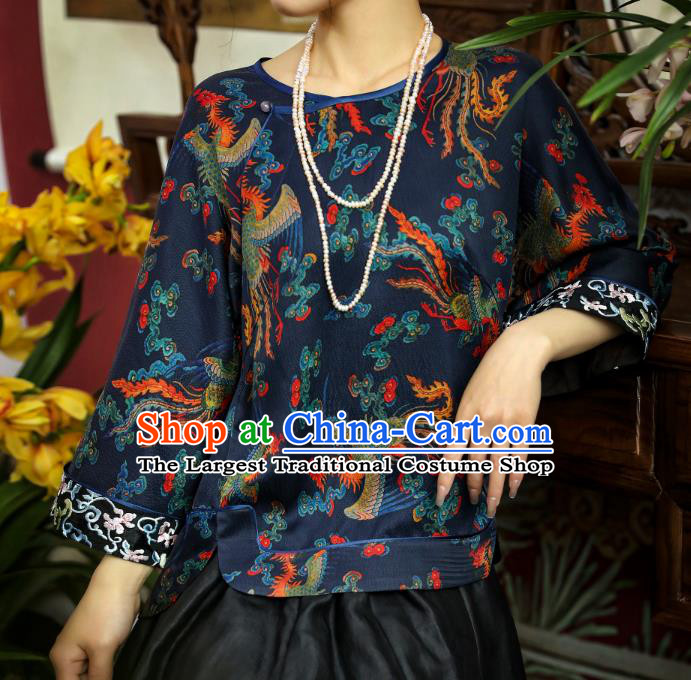 China Classical Phoenix Pattern Navy Gambiered Guangdong Gauze Upper Outer Garment Traditional Women Tang Suit Silk Shirt