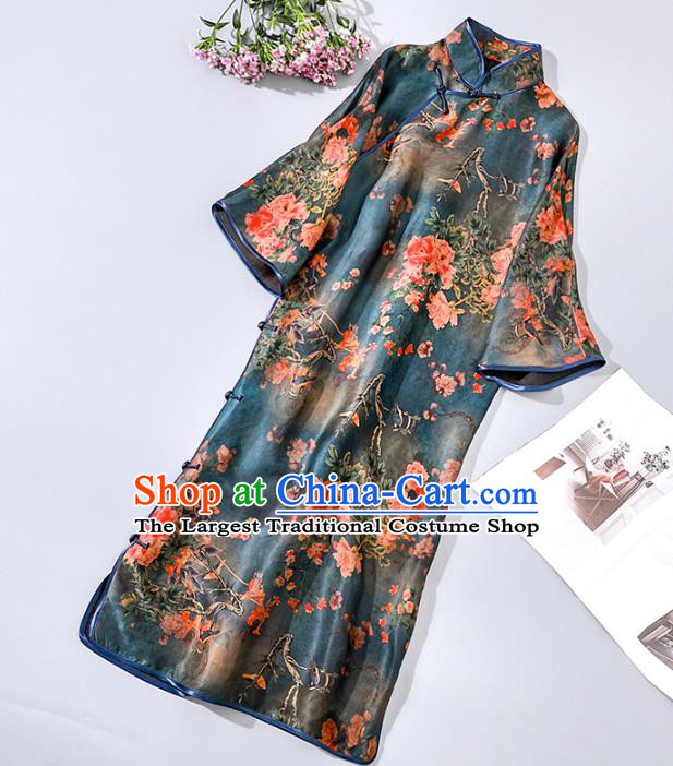 Asian Chinese Classical Silk Cheongsam National Woman Clothing Traditional Printing Blue Qipao Dress