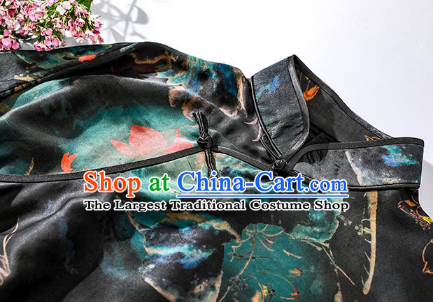 Asian Chinese National Woman Clothing Traditional Printing Lotus Qipao Dress Classical Black Silk Cheongsam