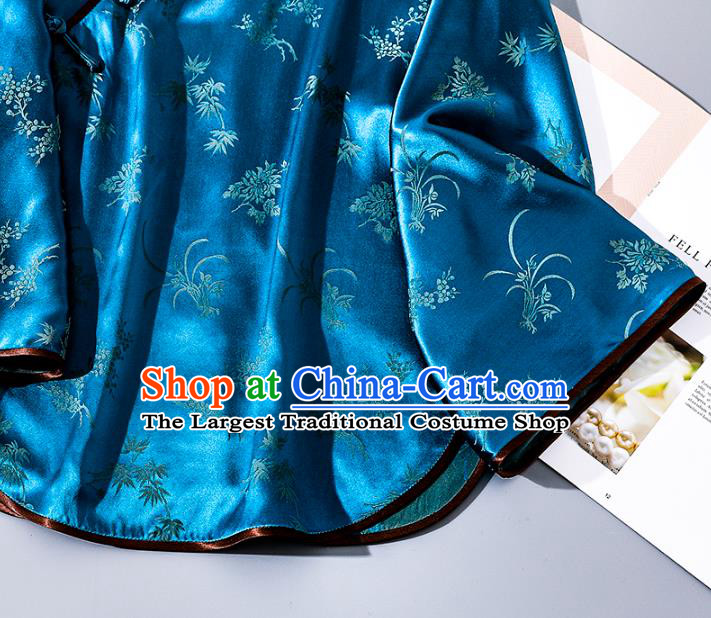 China Tang Suit Wide Sleeve Upper Outer Garment Traditional Cheongsam Blue Silk Shirt