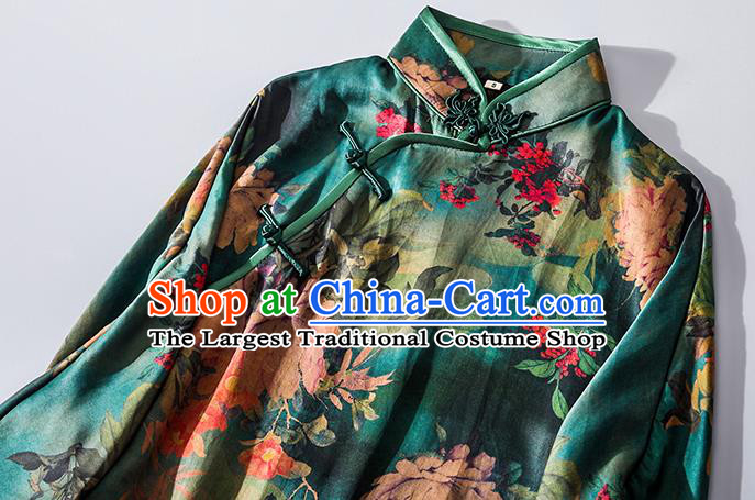 Asian Chinese Classical Green Silk Cheongsam Traditional Printing Qipao Dress National Shanghai Beauty Clothing