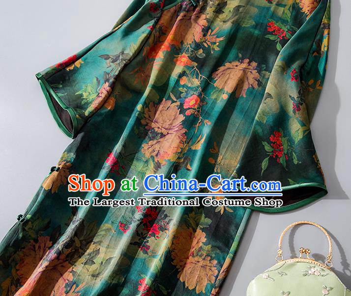 Asian Chinese Classical Green Silk Cheongsam Traditional Printing Qipao Dress National Shanghai Beauty Clothing