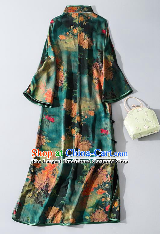 Asian Chinese Classical Green Silk Cheongsam Traditional Printing Qipao Dress National Shanghai Beauty Clothing