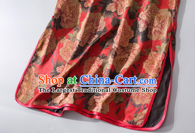 Asian Chinese Traditional Printing Peony Qipao Dress National Shanghai Beauty Clothing Classical Red Silk Cheongsam