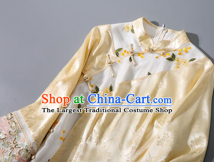 Asian Chinese Traditional Embroidered Qipao Dress National Clothing Classical Yellow Silk Cheongsam