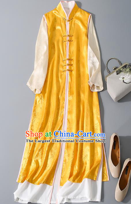 Asian Chinese Classical Yellow Cheongsam Traditional Tang Suit Qipao Dress National Woman Clothing