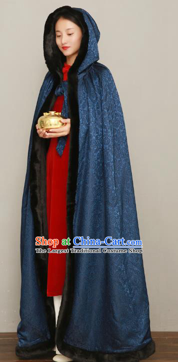 Chinese Traditional Winter Costume National Women Navy Silk Cape Cotton Wadded Cloak