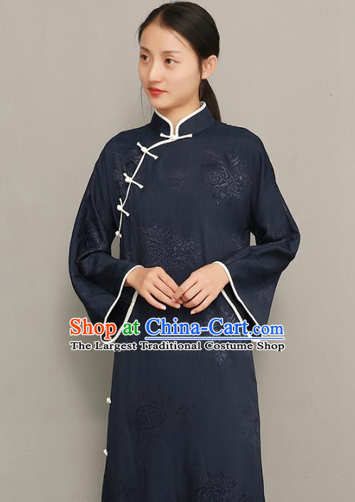 Asian Chinese Classical Cheongsam Traditional Tang Suit Navy Silk Qipao Dress National Young Lady Clothing