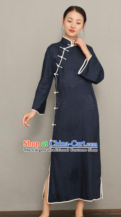 Asian Chinese Classical Cheongsam Traditional Tang Suit Navy Silk Qipao Dress National Young Lady Clothing