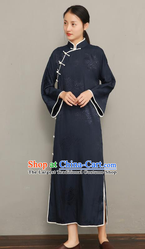 Asian Chinese Classical Cheongsam Traditional Tang Suit Navy Silk Qipao Dress National Young Lady Clothing