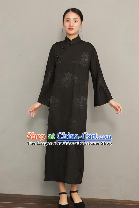 Asian Chinese Traditional Tang Suit Black Silk Qipao Dress National Young Lady Clothing Classical Cheongsam
