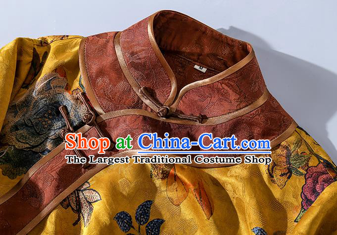 Asian Chinese Classical Peony Pattern Gambiered Guangdong Gauze Cheongsam Traditional Young Beauty Yellow Silk Qipao Dress
