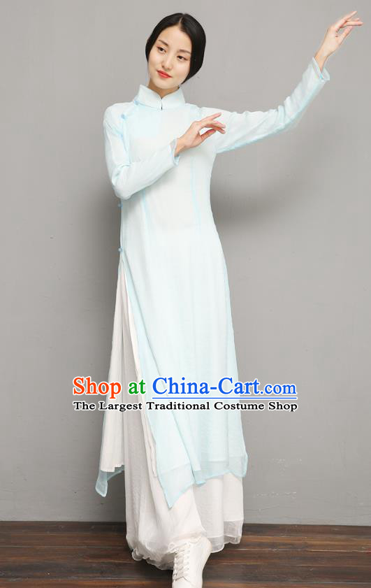 Asian Chinese Classical Woman Costume Traditional Tang Suit Light Blue Qipao Dress National Zen Clothing