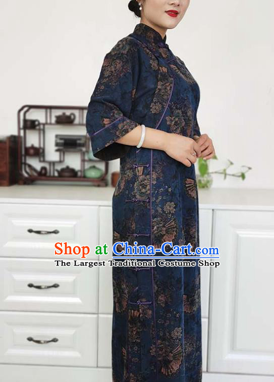 Asian Chinese Classical Shanghai Beauty Costume Traditional Tang Suit Navy Blue Silk Qipao Dress