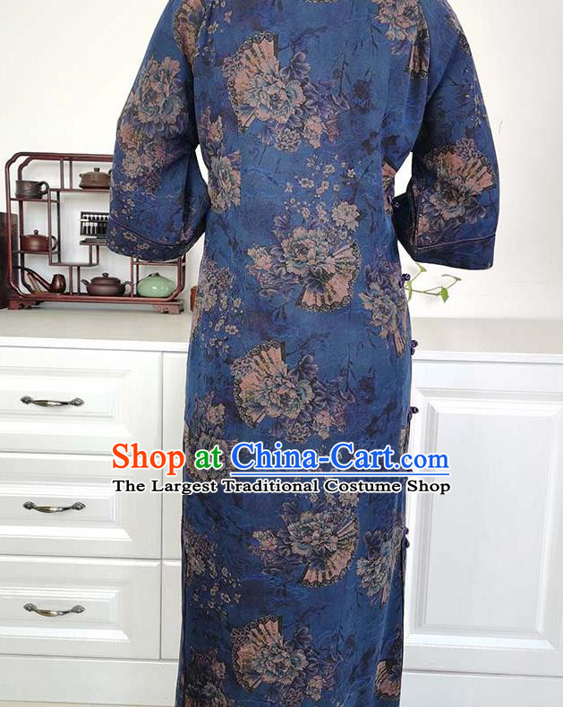 Asian Chinese Classical Shanghai Beauty Costume Traditional Tang Suit Navy Blue Silk Qipao Dress