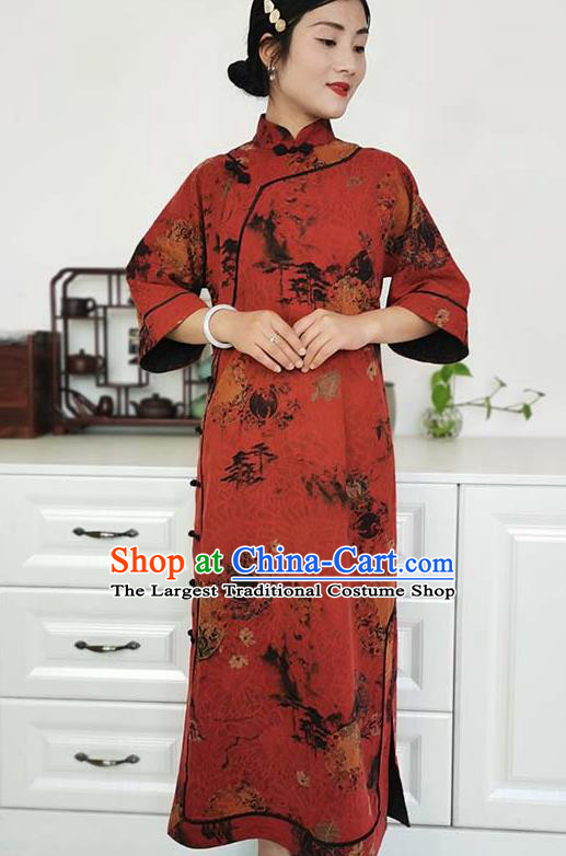 Asian Chinese Traditional Tang Suit Red Silk Qipao Dress Classical Shanghai Beauty Costume