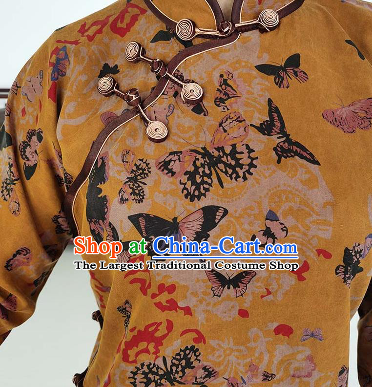 Asian Chinese Traditional Ginger Silk Qipao Dress Classical Butterfly Pattern Cheongsam Costume