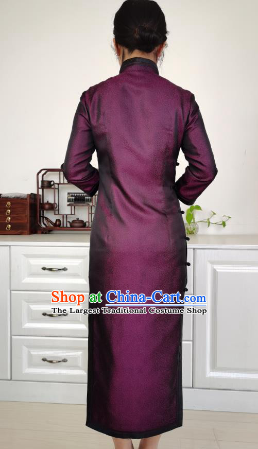 Asian Chinese Classical Elderly Woman Cheongsam Costume Traditional Mother Purple Silk Qipao Dress