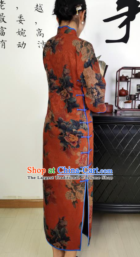Asian Chinese Traditional Printing Peony Red Silk Qipao Dress Classical Young Mistress Cheongsam Costume