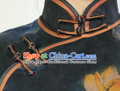 Asian Chinese Classical Young Mistress Cheongsam Costume Traditional Printing Lotus Navy Silk Qipao Dress
