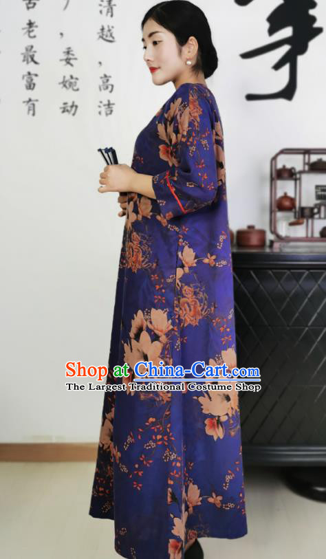 Asian Chinese Classical Loose Cheongsam Costume Traditional Printing Deep Blue Silk Qipao Dress