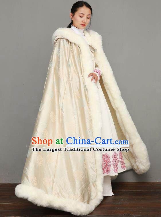 Chinese Traditional Winter Costume National Women Light Golden Silk Cape Ancient Princess Cotton Wadded Cloak