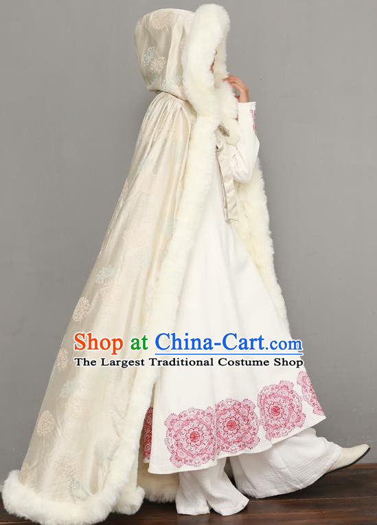 Chinese Traditional Winter Costume National Women Light Golden Silk Cape Ancient Princess Cotton Wadded Cloak