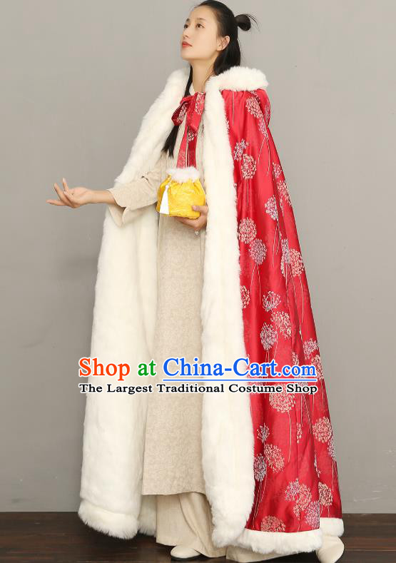 Chinese Ancient Princess Cotton Wadded Cloak Traditional Winter Costume National Women Red Silk Cape
