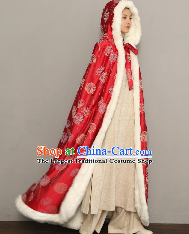 Chinese Ancient Princess Cotton Wadded Cloak Traditional Winter Costume National Women Red Silk Cape