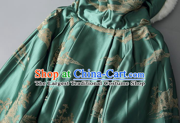 Chinese Women Green Silk Long Cape Tang Suit Cotton Wadded Cloak Traditional National Costume