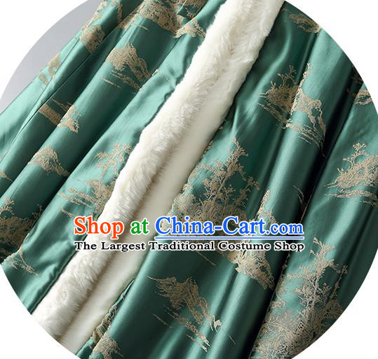 Chinese Women Green Silk Long Cape Tang Suit Cotton Wadded Cloak Traditional National Costume