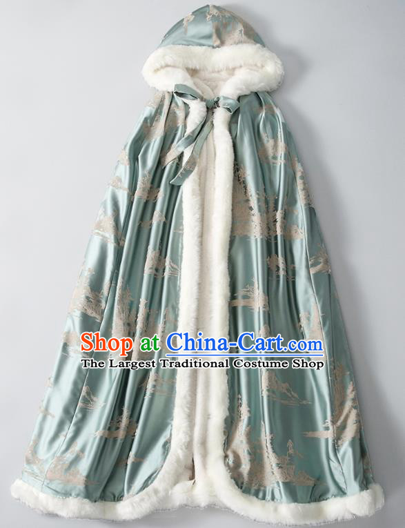 Chinese Traditional National Costume Women Light Blue Silk Long Cape Tang Suit Cotton Wadded Cloak
