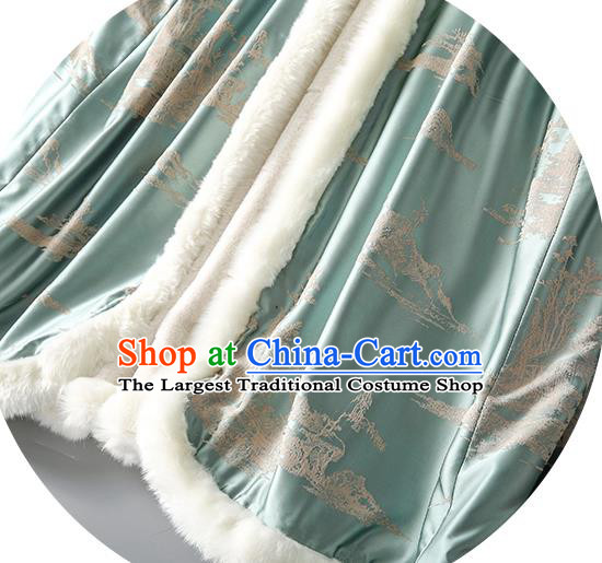 Chinese Traditional National Costume Women Light Blue Silk Long Cape Tang Suit Cotton Wadded Cloak