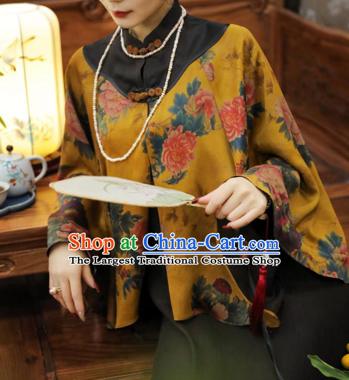 China Classical Peony Pattern Yellow Gambiered Guangdong Gauze Cloak Traditional Women Tang Suit Outer Garment