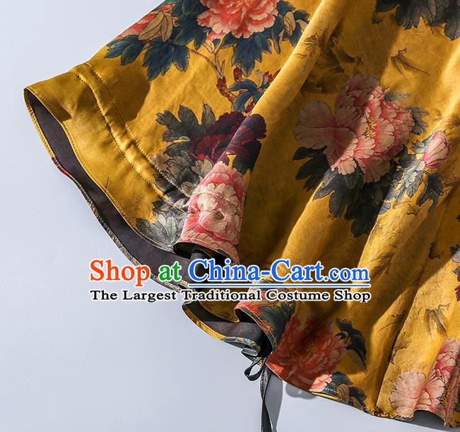 China Classical Peony Pattern Yellow Gambiered Guangdong Gauze Cloak Traditional Women Tang Suit Outer Garment