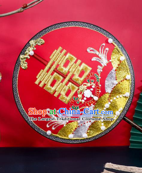China Handmade Wedding Red Silk Fan Bride Pearls Palace Fan Traditional Cultural Dance Circular Fan