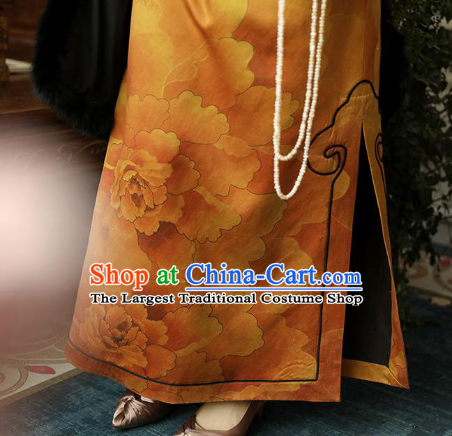 Asian Chinese Classical Ginger Silk Cheongsam Clothing Traditional Qing Dynasty Noble Woman Qipao Dress