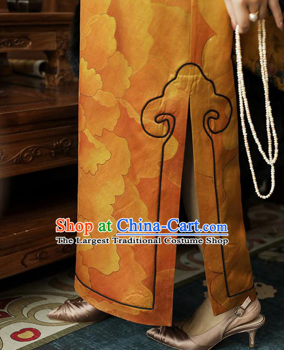 Asian Chinese Classical Ginger Silk Cheongsam Clothing Traditional Qing Dynasty Noble Woman Qipao Dress