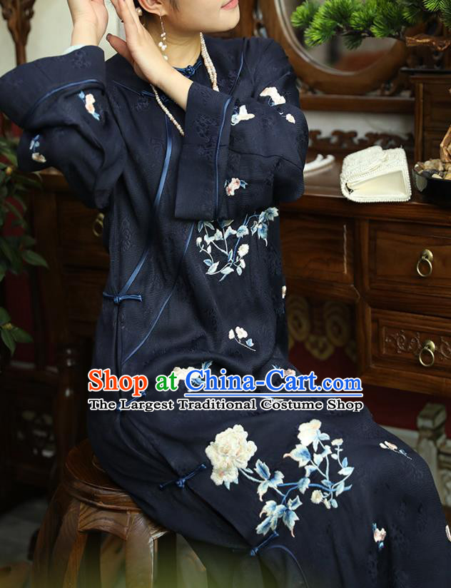 Asian Chinese Classical Wide Sleeve Cheongsam Clothing Traditional Embroidered Navy Silk Qipao Dress