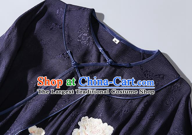 Asian Chinese Classical Wide Sleeve Cheongsam Clothing Traditional Embroidered Navy Silk Qipao Dress