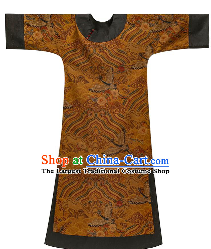 Asian Chinese Classical Wave Pattern Cheongsam Clothing Traditional Ginger Silk Qipao Dress