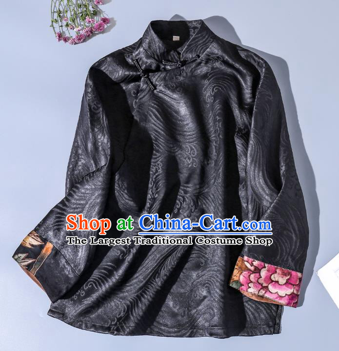 China Traditional Tang Suit Upper Outer Garment Classical Hand Painting Peony Black Silk Blouse