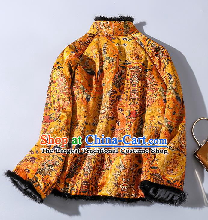 China Traditional Tang Suit Outer Garment Classical Dragons Pattern Yellow Silk Cotton Wadded Jacket