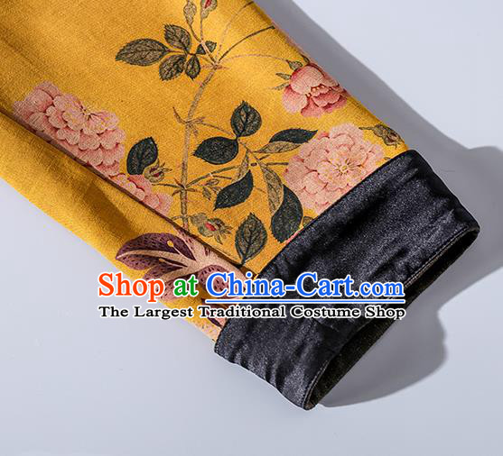 Asian Chinese Classical Cheongsam Clothing Traditional Printing Yellow Silk Qipao Dress