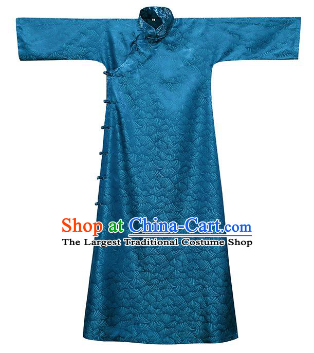 Asian Chinese Traditional Young Beauty Jacquard Blue Silk Qipao Dress Classical Song Brocade Cheongsam