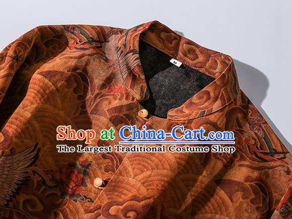 China Traditional Tang Suit Upper Outer Garment Classical Wave Cranes Pattern Ginger Silk Shirt