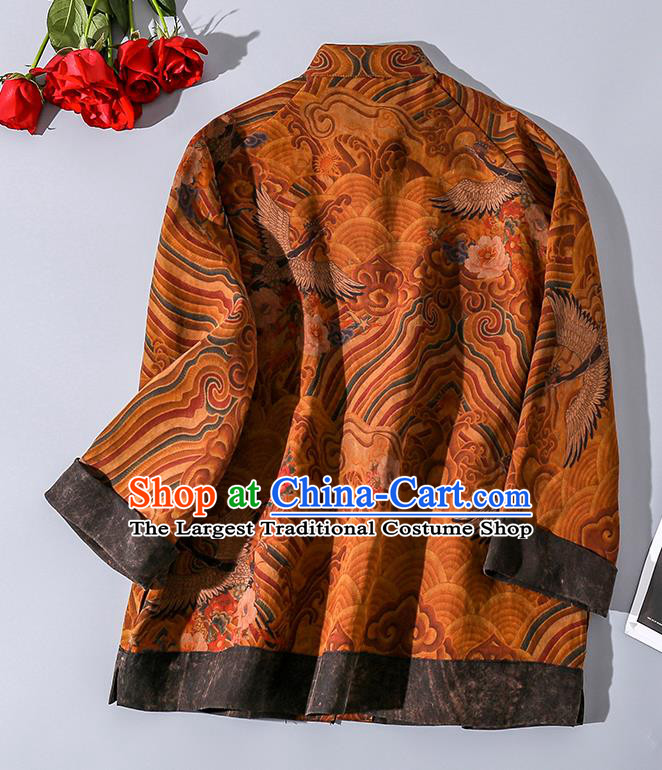 China Traditional Tang Suit Upper Outer Garment Classical Wave Cranes Pattern Ginger Silk Shirt