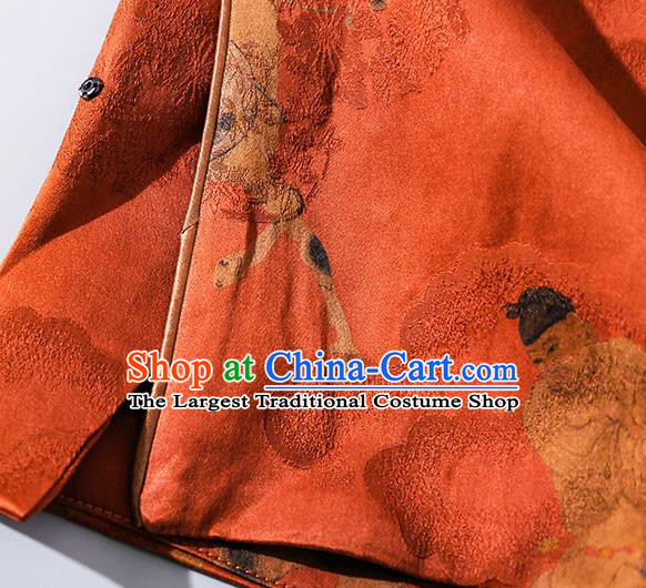 China Classical Song Dynasty Jiju Painting Pattern Red Silk Shirt Traditional Tang Suit Upper Outer Garment
