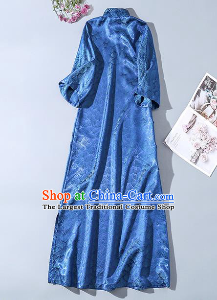 Asian Chinese Traditional Young Beauty Jacquard Blue Silk Qipao Dress Classical Song Brocade Cheongsam